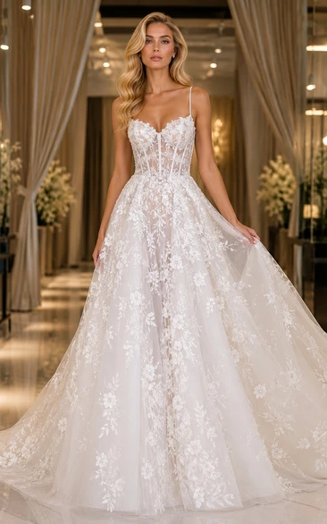 Robe de mariée de bal en dentelle à fines bretelles et jupe en tulle