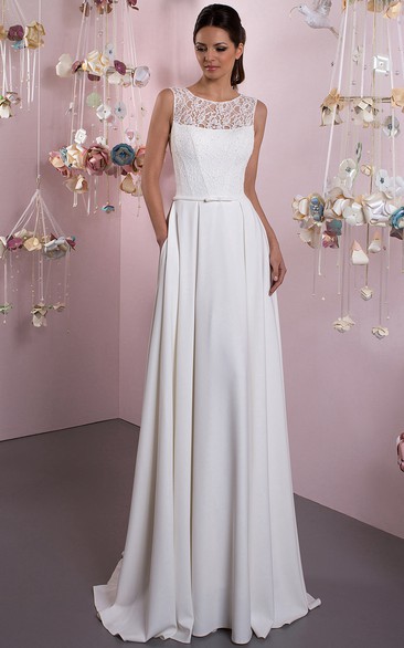 Sheath Sleeveless Scoop Long Lace&Chiffon Wedding Dress With Illusion Back And Brush Train