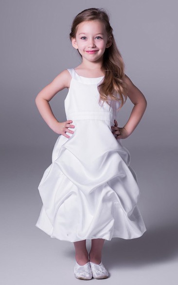 A-Line Scoop-Neck Sleeveless Tea-Length Pick-Up Satin Flower Girl Dress