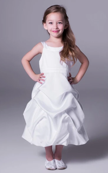 A-Line Scoop-Neck Sleeveless Tea-Length Pick-Up Satin Flower Girl Dress