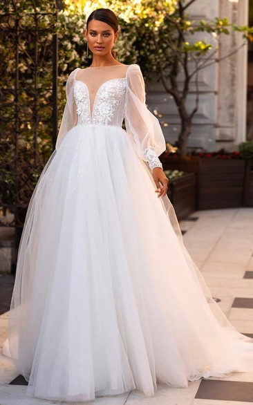 Modern Lace Floor-length Long Sleeve Ball Gown Illusion Wedding Dress with Sequins