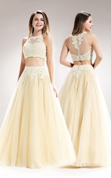 Two-Piece A-Line Long High Neck Sleeveless Tulle Illusion Dress With Appliques And Pleats