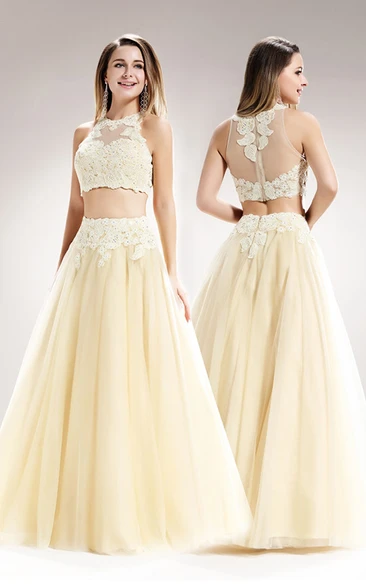 Two-Piece A-Line Long High Neck Sleeveless Tulle Illusion Dress With Appliques And Pleats