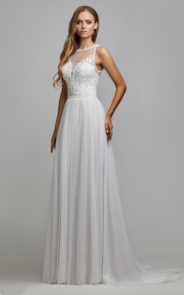Casual A Line Tulle Wedding Gown with Appliques and Ruching