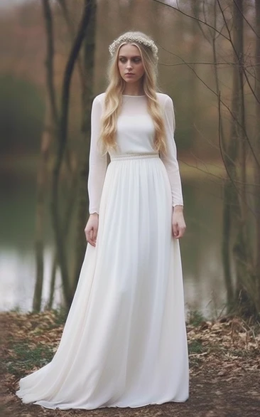 Simple Bateau-neck Long Sleeve Chiffon Empire Wedding Dress
