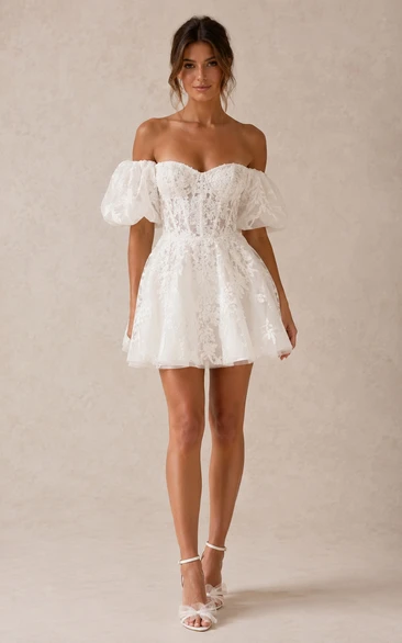 Ivory Short/Mini Off-the-shoulder Lace A-line Wedding Dress with Lace