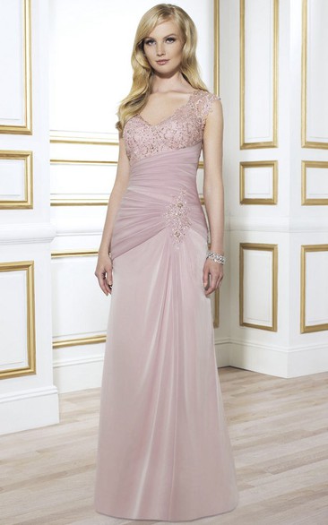 Floor-Length Cap-Sleeve Beaded V-Neck Formal Dress With Ruching
