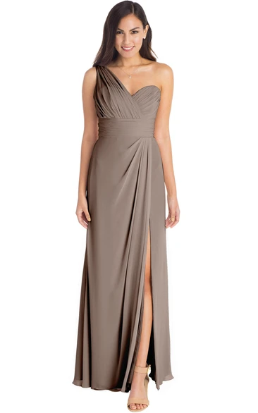 Ruched Sleeveless One-Shoulder Chiffon Muti-Color Convertible Bridesmaid Dress With Split Front