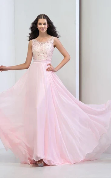 Scoop Appliques Sequins Long Prom Dress