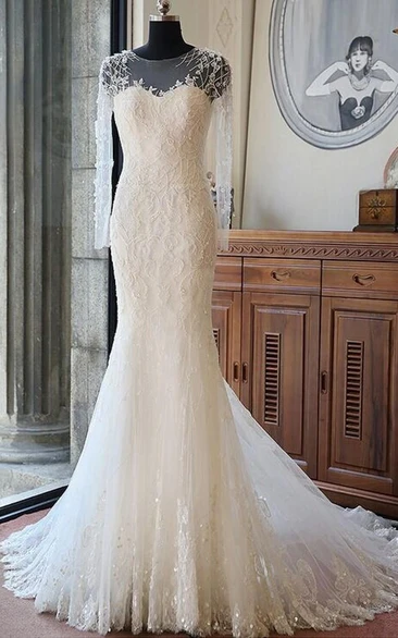 Illusion Scoop-neck Long Sleeve Mermaid Lace Wedding Dress With Beading And Chapel Train