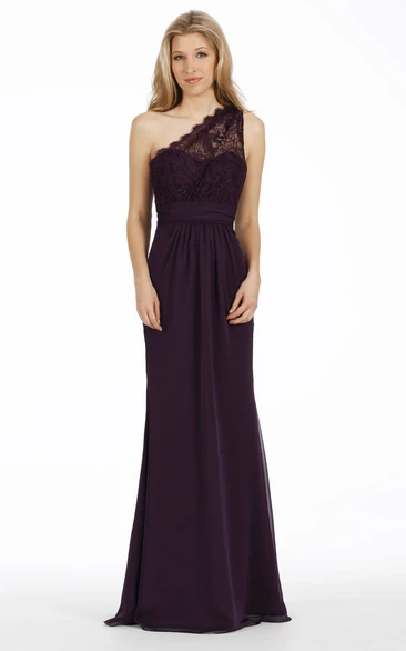 Floor-Length Sheath One-Shoulder Sleeveless Lace Chiffon Bridesmaid Dress