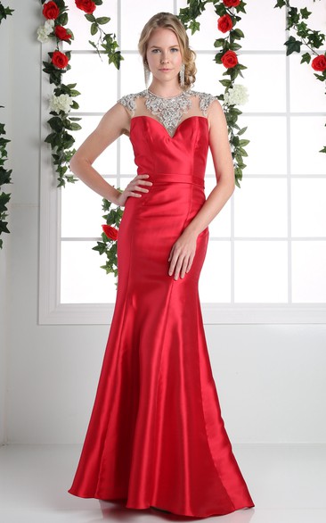 Mermaid Floor-Length Jewel-Neck Satin Keyhole Dress With Beading