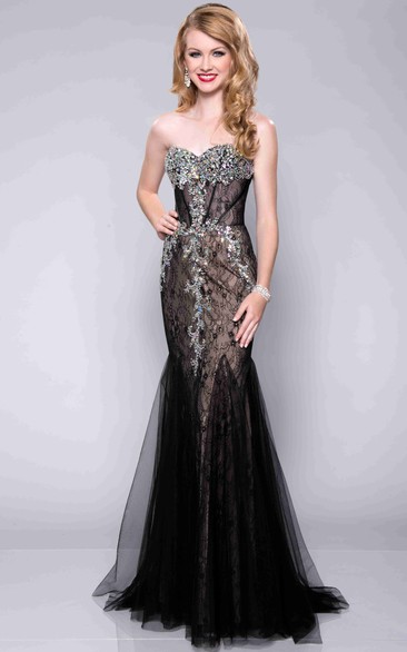 Mermaid Lace Sweetheart Prom Dress With Tulle Skirt And Crystal Embellishment