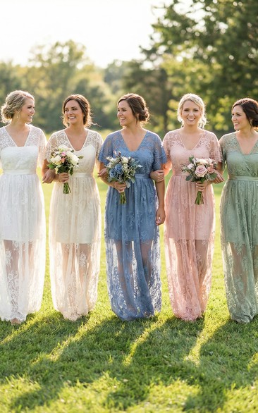 Sheer Illusion V-Neck Tulle Dress with Sweep Train