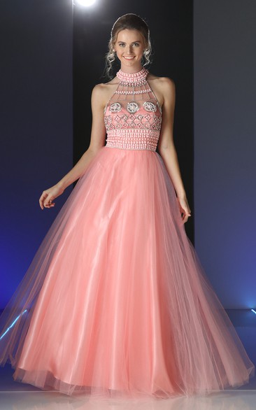 Ball Gown Maxi High Neck Sleeveless Tulle Satin Dress With Beading