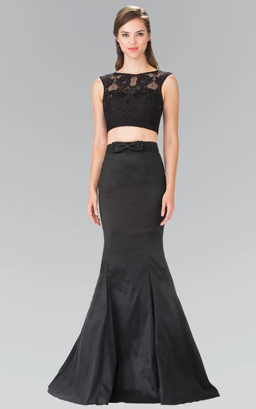 Two-Piece Trumpet Floor-Length Jewel-Neck Sleeveless Satin Dress With Lace And Bow