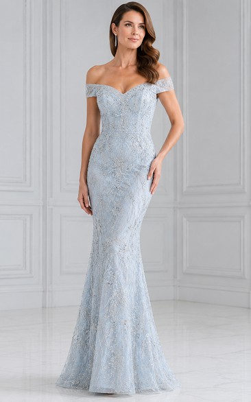 Himmelblaues schulterfreies Meerjungfrauenkleid aus Spitze für Mütter und festliche Anlässe