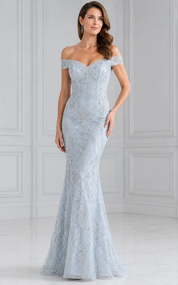 Vestido de sirena de encaje azul cielo con hombros descubiertos para madres y eventos formales.