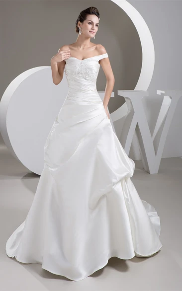 Off-The-Shoulder A-Line Pick-Up Lace and Ball-Gown With Ruching