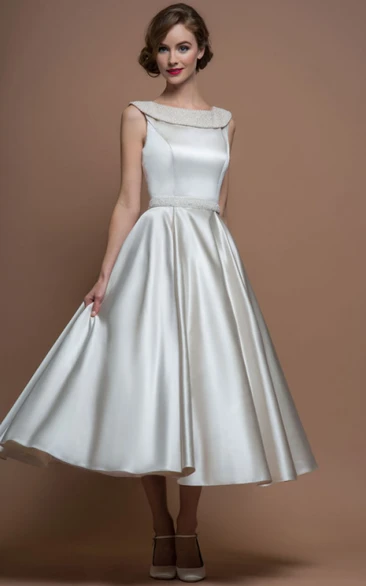 A-Line Scoop-Neck Tea-Length Satin Wedding Dress With Beading And V Back