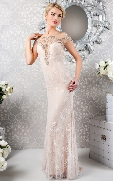 Sheath Scoop-Neck Beaded Long Sleeveless Lace Evening Dress