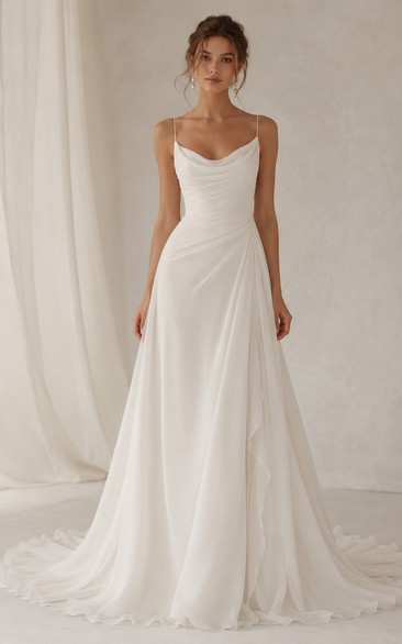 Simple Cowl Neck Chiffon Wedding Dress with Draped Skirt and Train