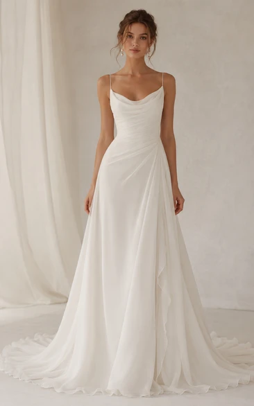 Simple Cowl Neck Chiffon Wedding Dress with Draped Skirt and Train