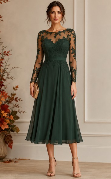 Dark Green Illusion Autumn Long Sleeve Tea-Length Formal Dress