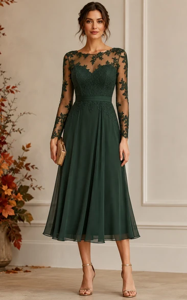 Dark Green Illusion Autumn Long Sleeve Tea-Length Formal Dress