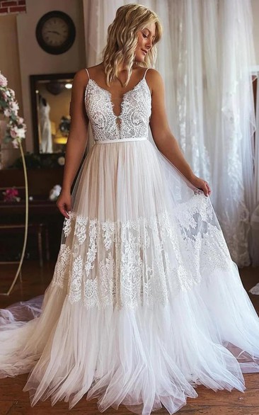 White Lace V-Neck Wedding Dress with Belt