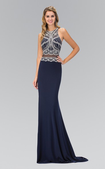 Sheath Maxi Jewel-Neck Sleeveless Jersey Illusion Dress With Beading
