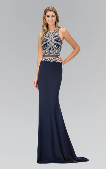 Sheath Maxi Jewel-Neck Sleeveless Jersey Illusion Dress With Beading