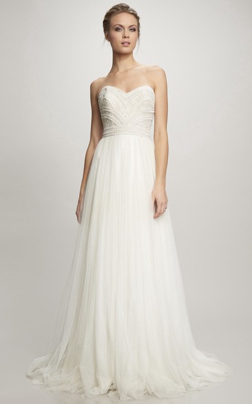 A-Line Long Sweetheart Tulle Wedding Dress With Beading And Zipper