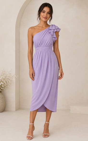 Lavender One-Shoulder Ruffle Tea-Length Dress