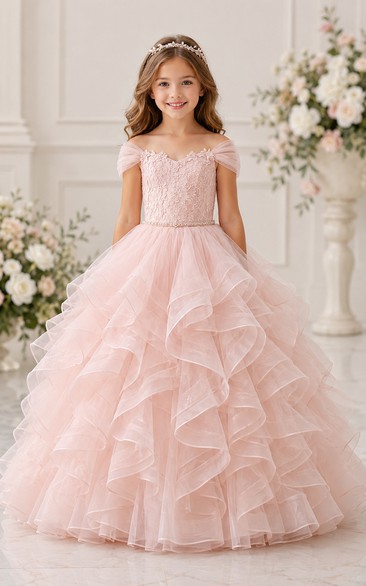 Blushing Pink Ball Gown Tulle Flower Girl Dress with Cascading Ruffles