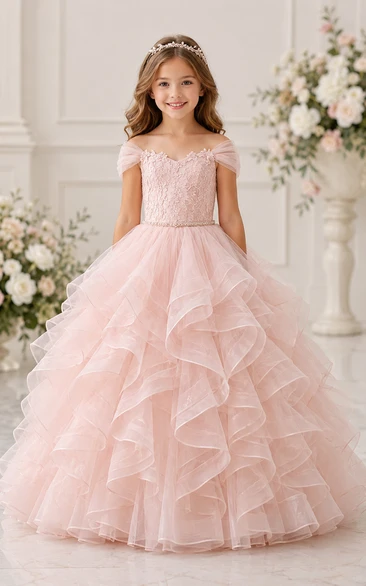 Blushing Pink Ball Gown Tulle Flower Girl Dress with Cascading Ruffles