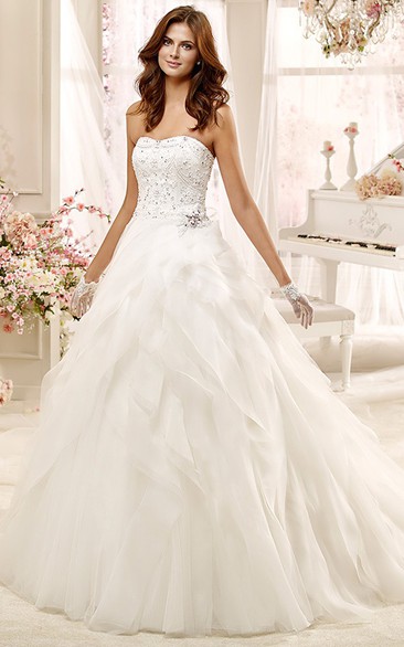 Strapless A-line Wedding Dress with Beaded Bodice and Asymmetrical Ruching