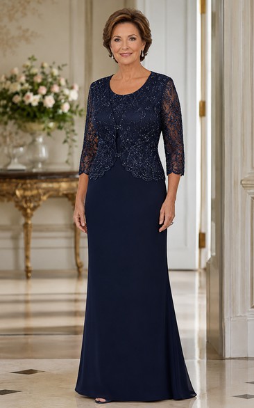Sheath Bateau 3/4 Length Sleeve Chiffon Mother Dress with Lace