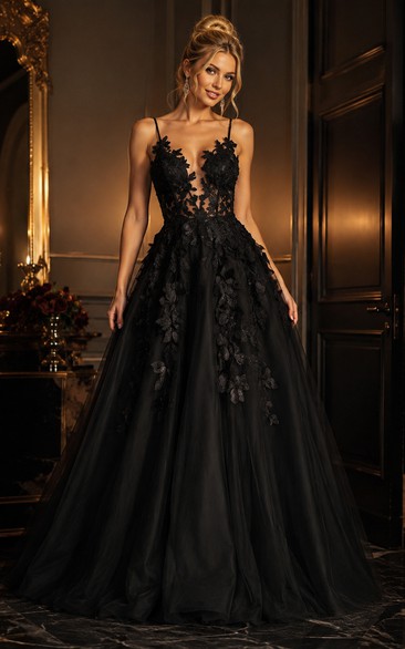 Black Spaghetti Applique Gothic A-line Ball Gown Dress