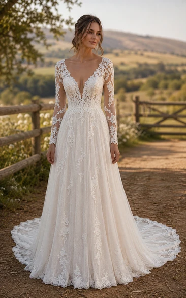 Country V-neck Tulle A-line Wedding Dress with Lace