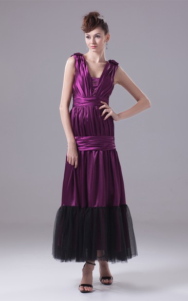 Sleeveless Square Neckline Ruched A-Line Gown With Cinched Band and Beadings