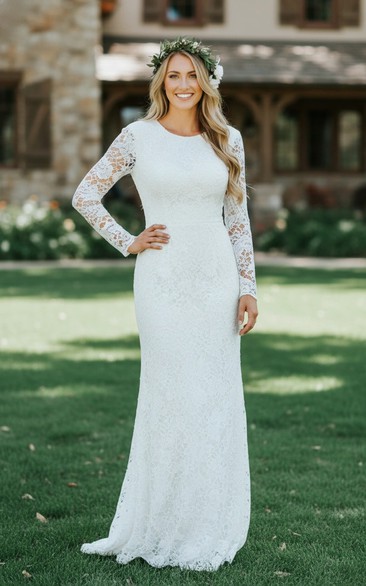Elegant Long Sleeve Full Lace Wedding Dress - Jewel Neck Sheath Column Bridal Gown