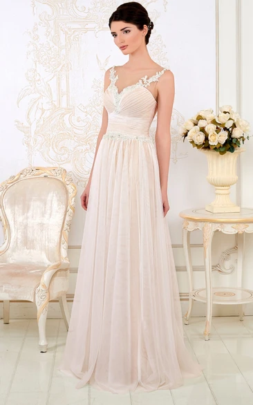 A-Line Ruched V-Neck Sleeveless Long Tulle Wedding Dress With Appliques And Pleats