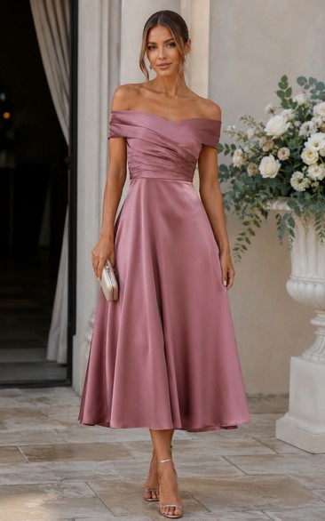 Dusty Rose Off-the-Shoulder Satin Tea-Length A-Line Dress