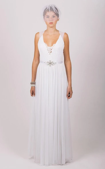 Sleeveless Chiffon A-Line Gown With Lace Embellishment and Pleated Skirt