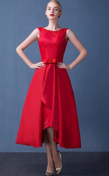 A-Line Beading Bowknot Asymmetry Tea-Length Prom Dress