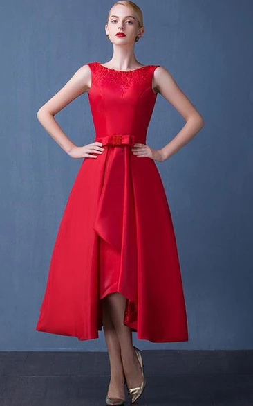 A-Line Beading Bowknot Asymmetry Tea-Length Prom Dress