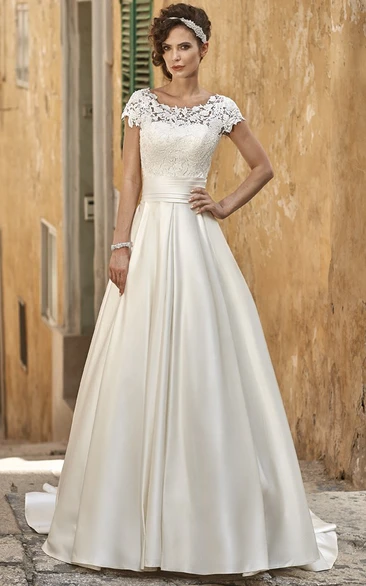 A-Line Maxi Short-Sleeve Square-Neck Lace Satin Modest Wedding Dress