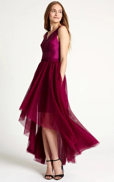 High-Low Sleeveless V-Neck Ribboned Tulle Bridesmaid Dress