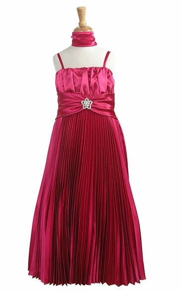 Floor-Length Pleated Cape Satin Flower Girl Dress With Broach